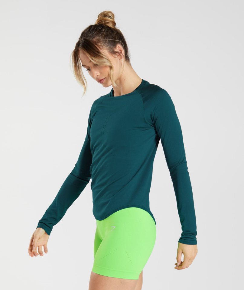 Koszulki Gymshark Sweat Seamless Long Sleeve Top Damskie Turkusowe | PL 103AEC